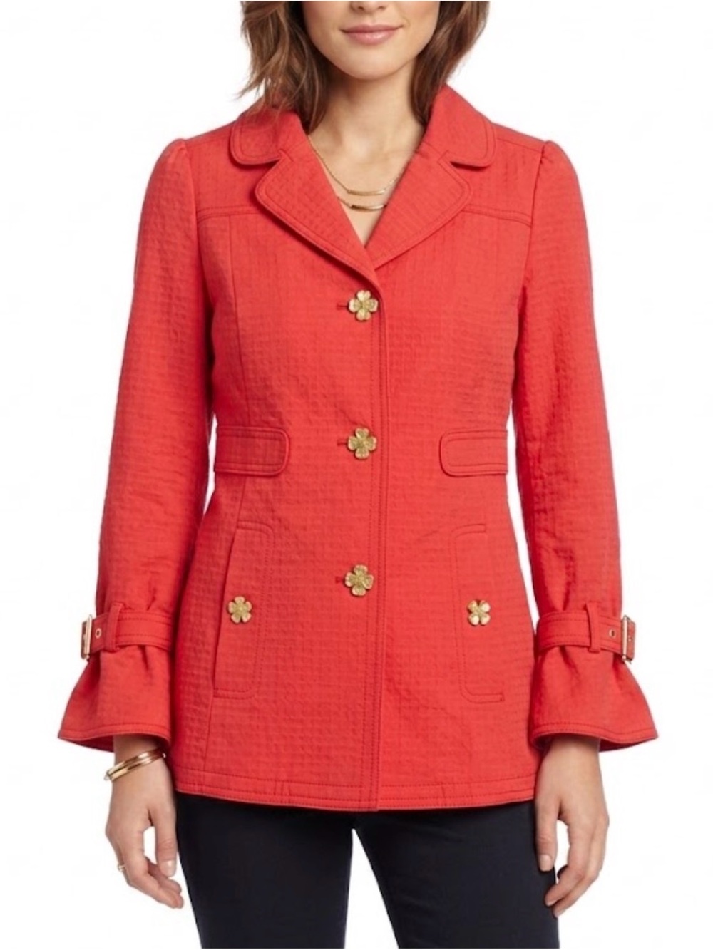NWT VTG Y2K Juicy Couture Dark Coral Textured Pea Coat Floral Buttons & Buckles